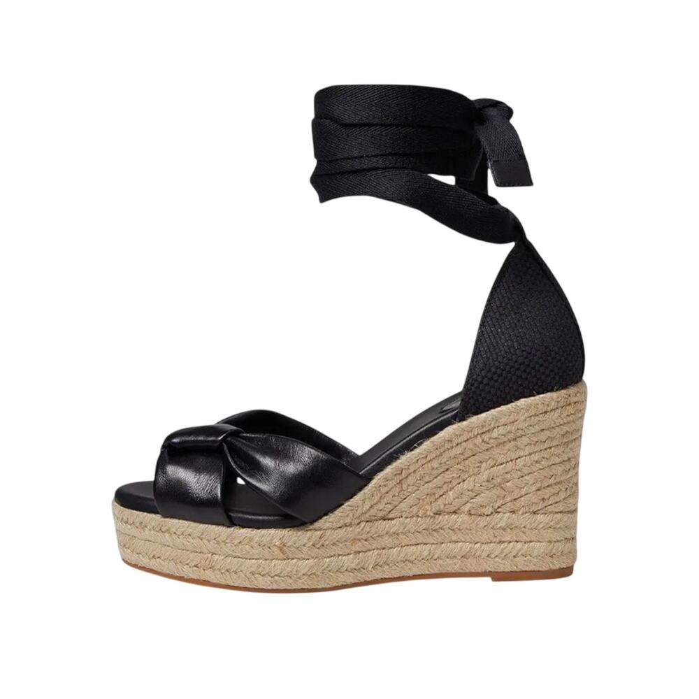 Cole Haan Cloudfeel Hampton Black Leather Natural Canvas Wedge Sandals Size 8 - Picture 4 of 6